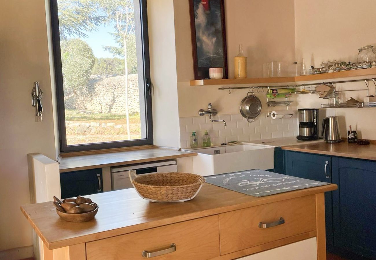 A bright, convivial room for cooking overlooking the garden