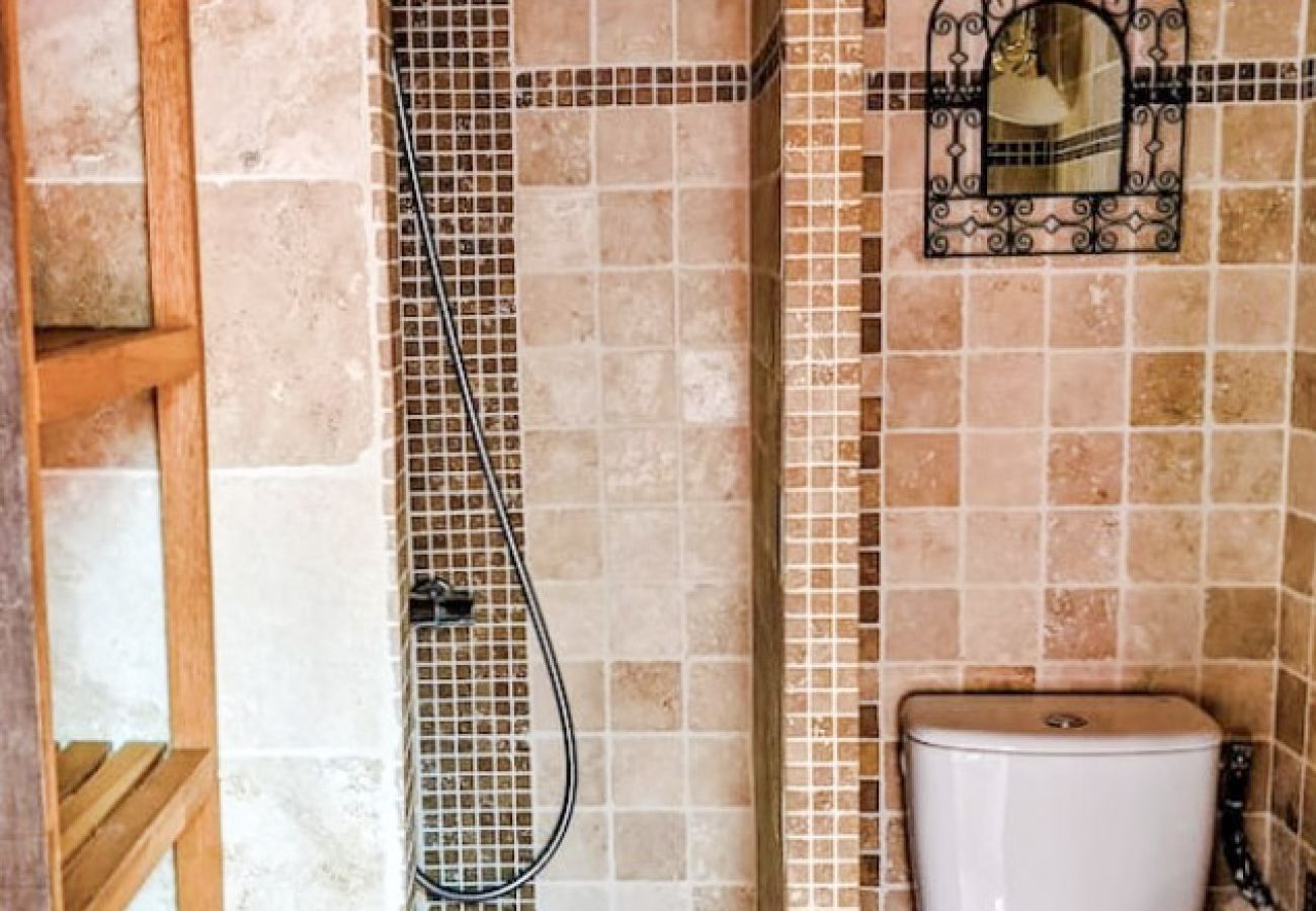 salle d’eau avec douche carrelée et WC